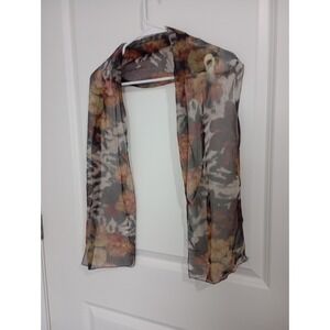 Sheer Floral Chiffon Skinny Scarf 9x56 | Gray & Rose Abstract Flower Print